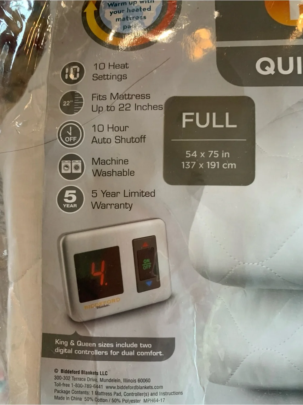 Biddeford Heated Quilted Mattress Pad - White (Full)